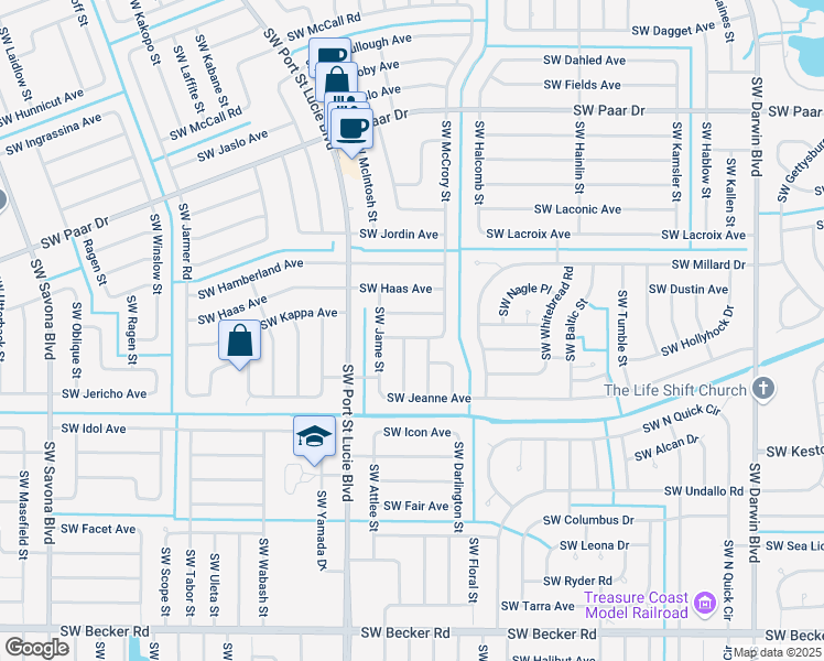 map of restaurants, bars, coffee shops, grocery stores, and more near 674 Southwest McHole Avenue in Port St. Lucie