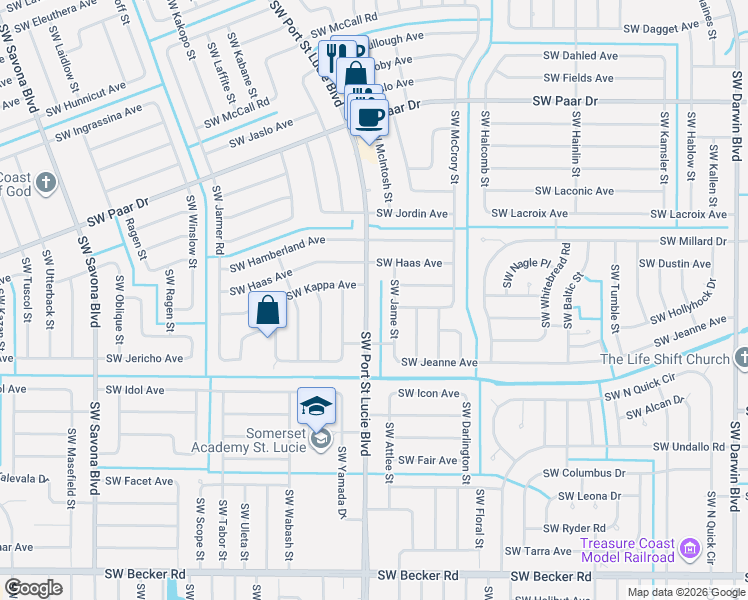 map of restaurants, bars, coffee shops, grocery stores, and more near 4225 Southwest Port Saint Lucie Boulevard in Port St. Lucie