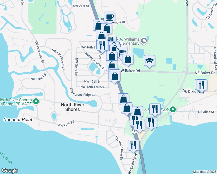 map of restaurants, bars, coffee shops, grocery stores, and more near 888 Northwest 13th Street in Stuart