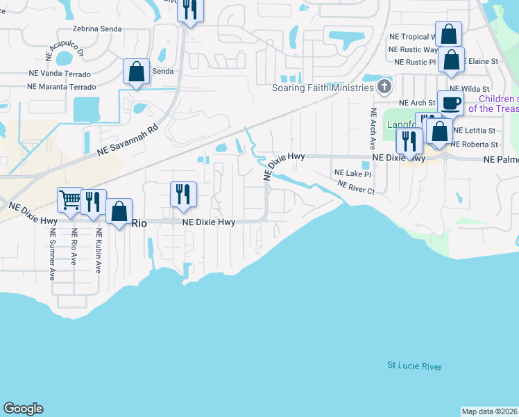 map of restaurants, bars, coffee shops, grocery stores, and more near 1512 Northeast 12th Terrace in Jensen Beach