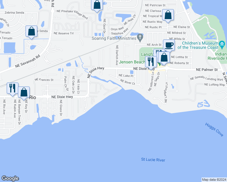 map of restaurants, bars, coffee shops, grocery stores, and more near 1896 Northeast River Court in Jensen Beach