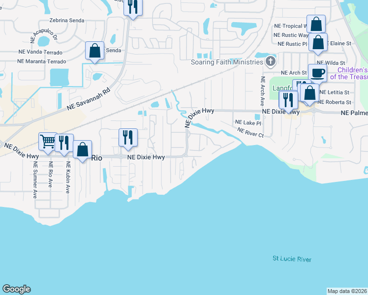map of restaurants, bars, coffee shops, grocery stores, and more near 1501 Northeast 12th Terrace in Jensen Beach