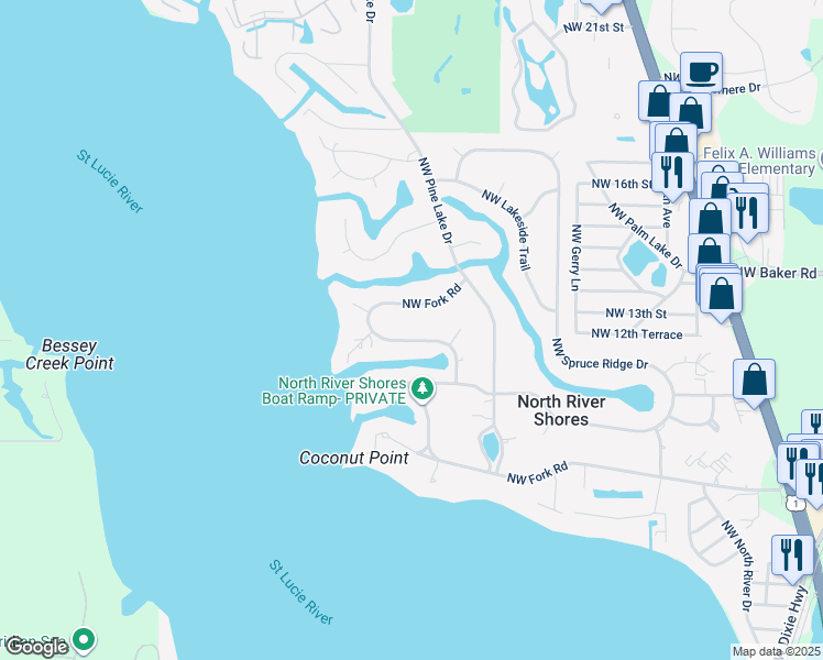 map of restaurants, bars, coffee shops, grocery stores, and more near 1975 Northwest Fork Road in Stuart