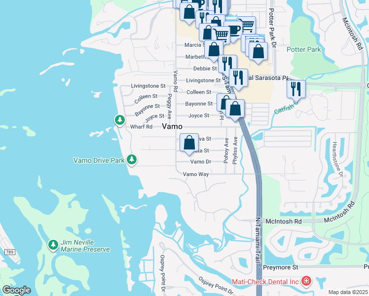 map of restaurants, bars, coffee shops, grocery stores, and more near 1805 Rita Street in Sarasota