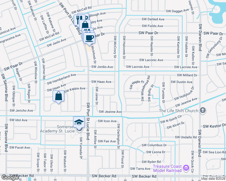 map of restaurants, bars, coffee shops, grocery stores, and more near 602 Southwest McHole Avenue in Port St. Lucie