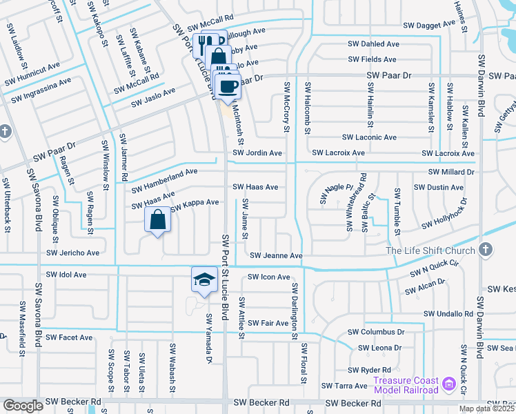 map of restaurants, bars, coffee shops, grocery stores, and more near 674 Southwest McHole Avenue in Port St. Lucie