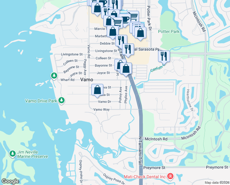 map of restaurants, bars, coffee shops, grocery stores, and more near 1891 Rita Street in Sarasota