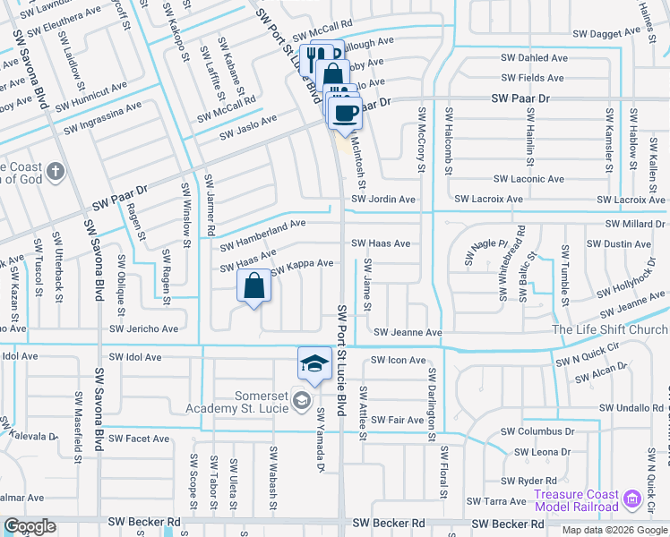 map of restaurants, bars, coffee shops, grocery stores, and more near 4201 Southwest Yalta Street in Port St. Lucie