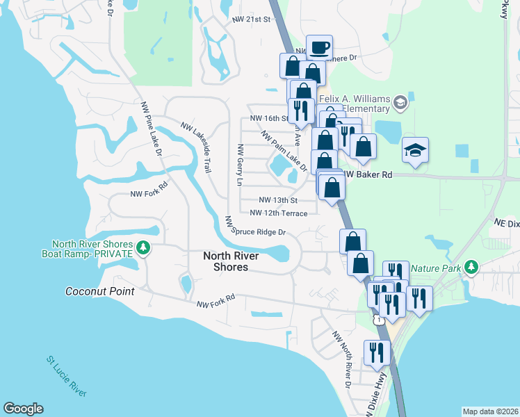 map of restaurants, bars, coffee shops, grocery stores, and more near 1103 Northwest 12th Terrace in Stuart