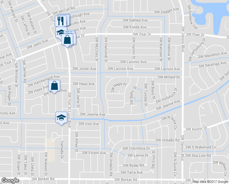 map of restaurants, bars, coffee shops, grocery stores, and more near 581 Southwest Nadell Court in Port St. Lucie