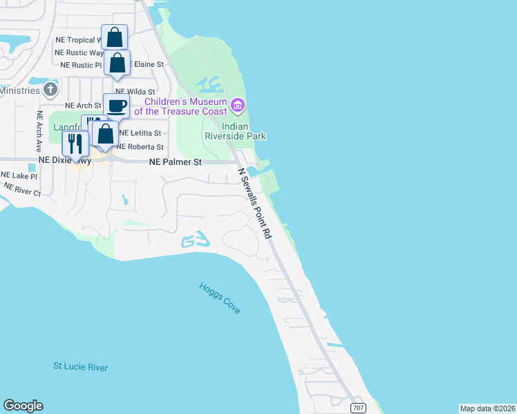 map of restaurants, bars, coffee shops, grocery stores, and more near 146 County Road 707 in Sewall's Point