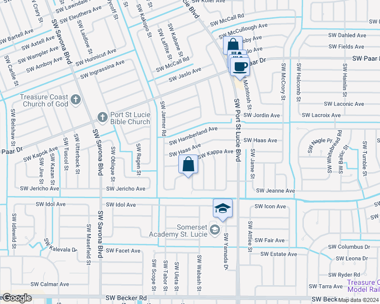 map of restaurants, bars, coffee shops, grocery stores, and more near 922 Southwest Haas Avenue in Port St. Lucie