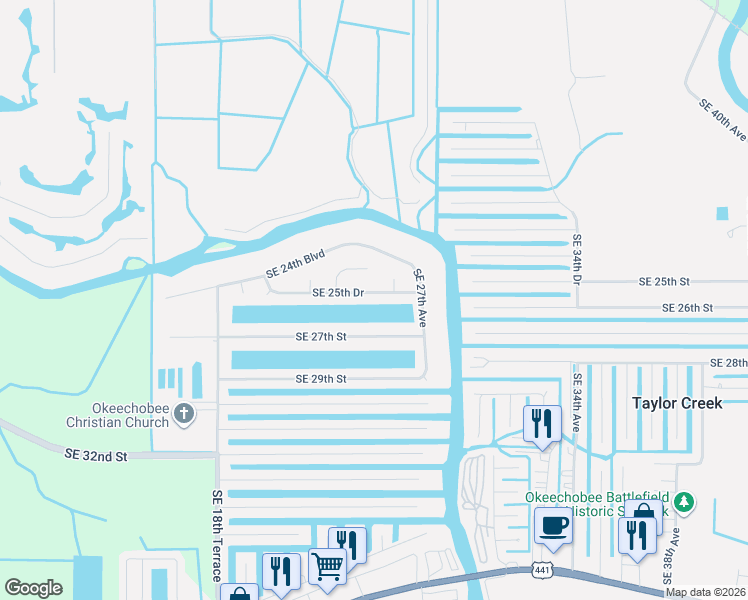 map of restaurants, bars, coffee shops, grocery stores, and more near 2630 Southeast 25th Drive in Okeechobee