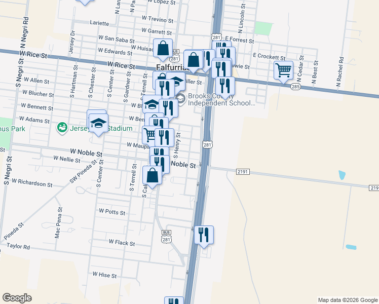 map of restaurants, bars, coffee shops, grocery stores, and more near 300 East Maupin Street in Falfurrias