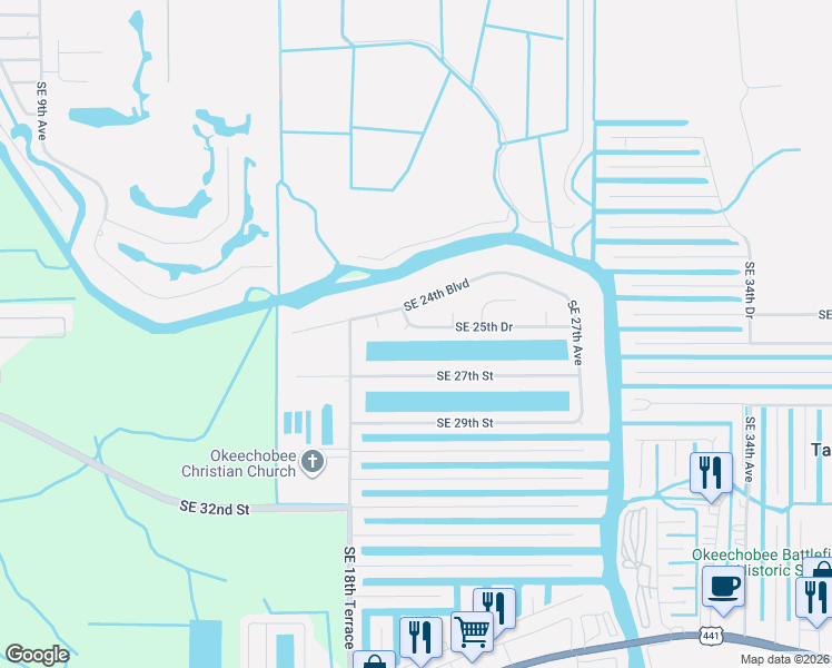 map of restaurants, bars, coffee shops, grocery stores, and more near 2130 Southeast 25th Drive in Okeechobee