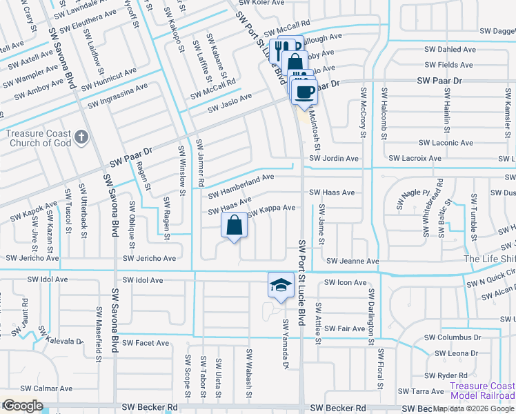 map of restaurants, bars, coffee shops, grocery stores, and more near 881 Southwest Kappa Avenue in Port St. Lucie