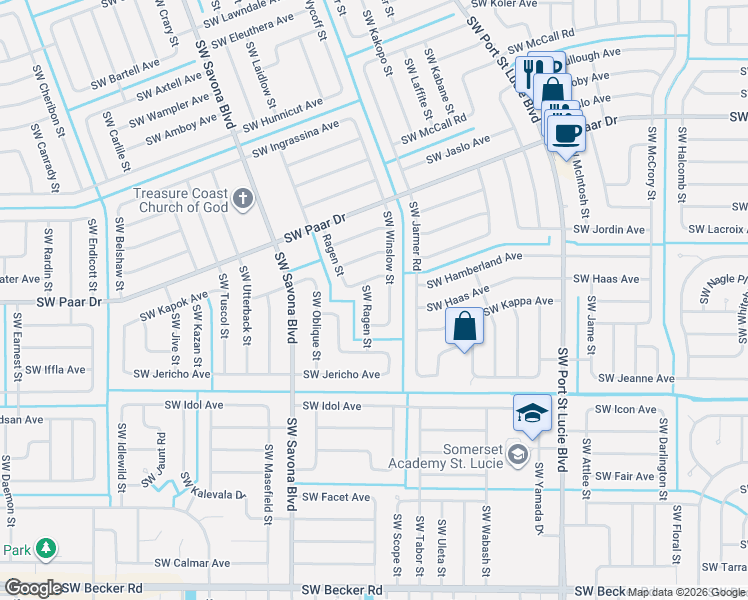 map of restaurants, bars, coffee shops, grocery stores, and more near 4226 Southwest Ragen Street in Port St. Lucie