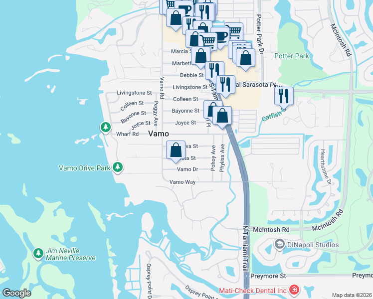 map of restaurants, bars, coffee shops, grocery stores, and more near 1847 Rita Street in Sarasota