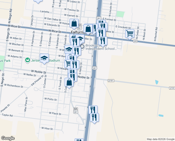map of restaurants, bars, coffee shops, grocery stores, and more near 300-350 East Maupin Street in Falfurrias