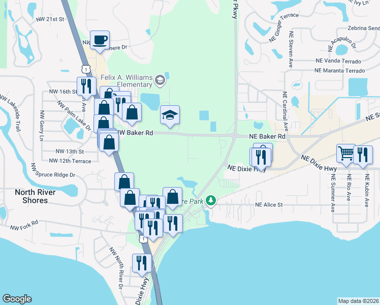 map of restaurants, bars, coffee shops, grocery stores, and more near 1297 Northwest Charlie Green Drive in Stuart