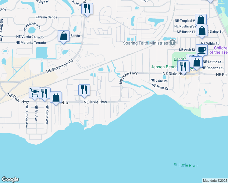 map of restaurants, bars, coffee shops, grocery stores, and more near 1660 Northeast Dixie Highway in Jensen Beach
