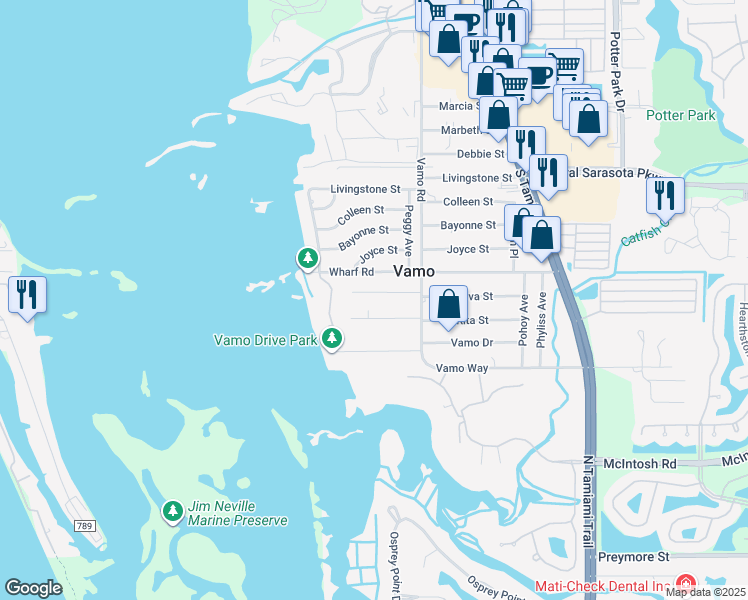 map of restaurants, bars, coffee shops, grocery stores, and more near 1736 Mova Street in Sarasota