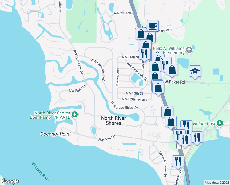 map of restaurants, bars, coffee shops, grocery stores, and more near 1273 Northwest Spruce Ridge Drive in Stuart