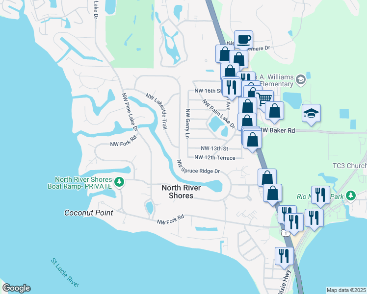 map of restaurants, bars, coffee shops, grocery stores, and more near 1273 Northwest Spruce Ridge Drive in Stuart