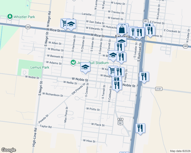map of restaurants, bars, coffee shops, grocery stores, and more near 400-498 West Noble Street in Falfurrias