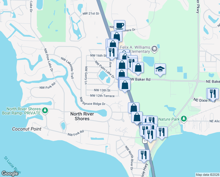 map of restaurants, bars, coffee shops, grocery stores, and more near 888 Northwest 13th Street in Stuart