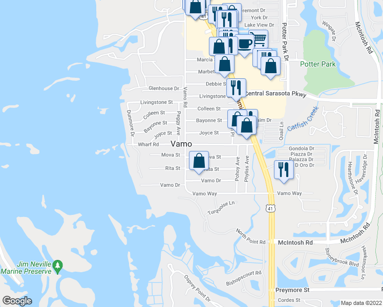 map of restaurants, bars, coffee shops, grocery stores, and more near 1815 Wharf Road in Sarasota