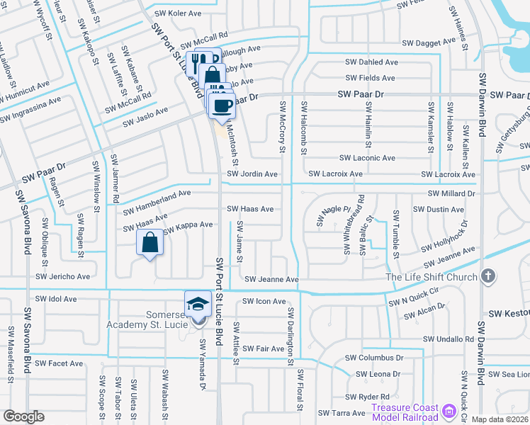 map of restaurants, bars, coffee shops, grocery stores, and more near 602 Southwest Hamberland Avenue in Port St. Lucie