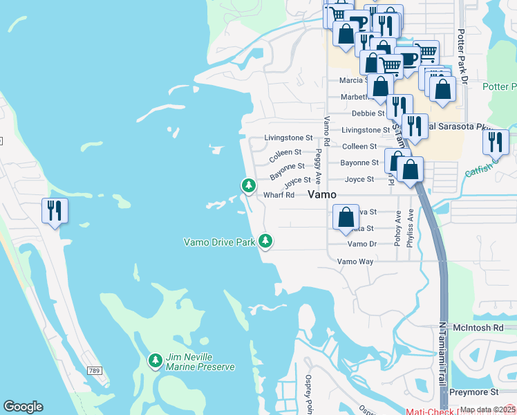 map of restaurants, bars, coffee shops, grocery stores, and more near 8834 Fishermens Bay Drive in Sarasota