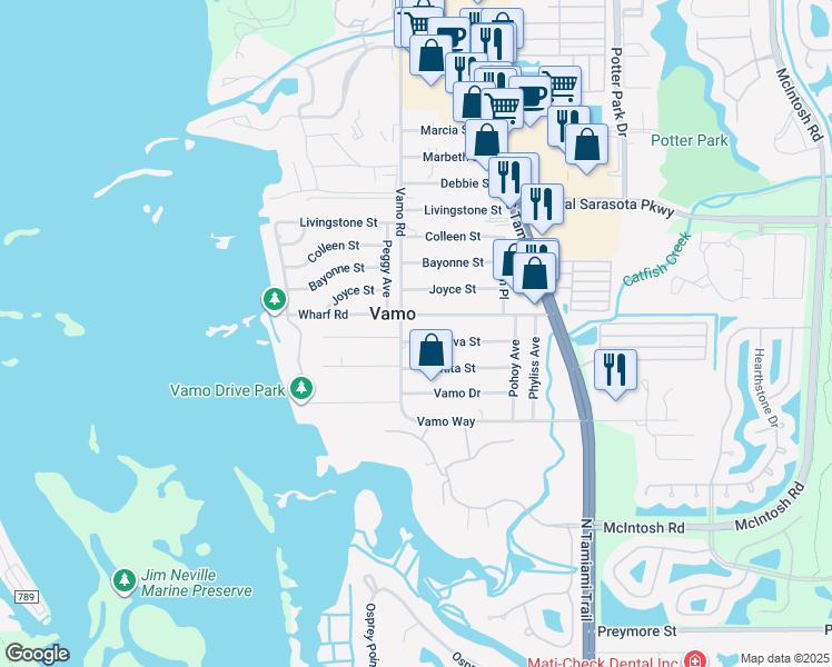 map of restaurants, bars, coffee shops, grocery stores, and more near 1815 Wharf Road in Sarasota