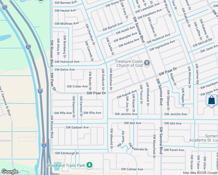 map of restaurants, bars, coffee shops, grocery stores, and more near 4180 Southwest Belshaw Street in Port St. Lucie