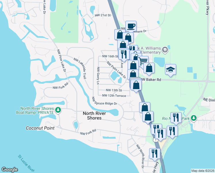 map of restaurants, bars, coffee shops, grocery stores, and more near 1105 Northwest 13th Terrace in Stuart