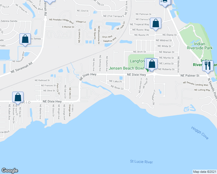 map of restaurants, bars, coffee shops, grocery stores, and more near 1896 Northeast River Court in Jensen Beach