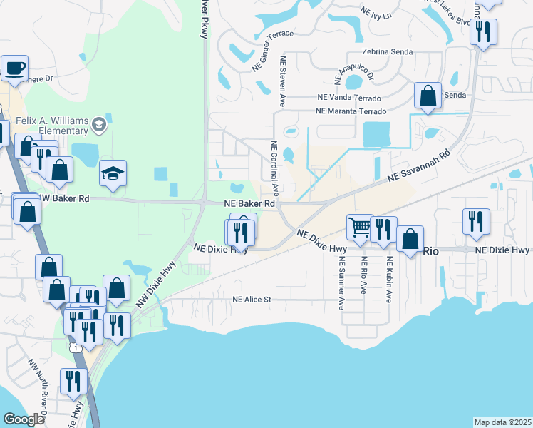 map of restaurants, bars, coffee shops, grocery stores, and more near 383 Northeast Baker Road in Stuart