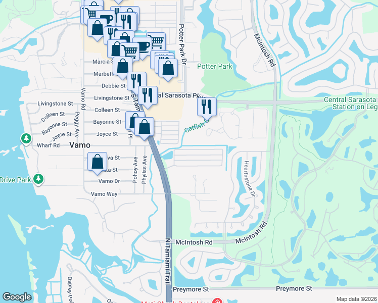 map of restaurants, bars, coffee shops, grocery stores, and more near 2173 Gondola Drive in Sarasota