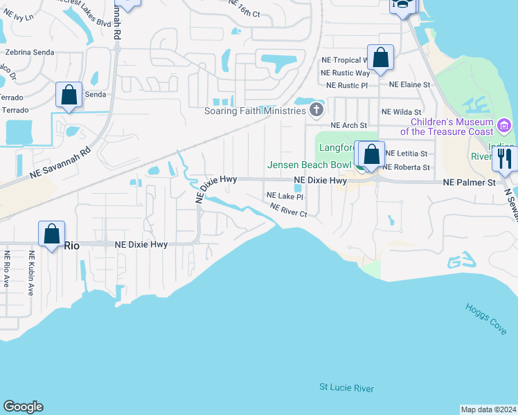 map of restaurants, bars, coffee shops, grocery stores, and more near 1856 Northeast River Court in Jensen Beach