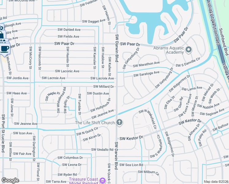 map of restaurants, bars, coffee shops, grocery stores, and more near 4150 Southwest Darwin Boulevard in Port St. Lucie