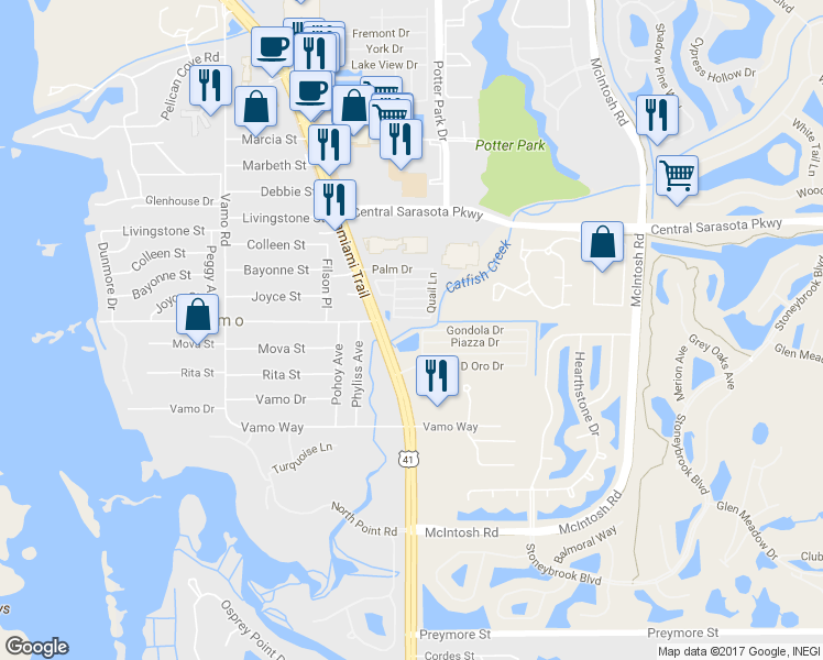 map of restaurants, bars, coffee shops, grocery stores, and more near 8821 South Tamiami Trail in Sarasota