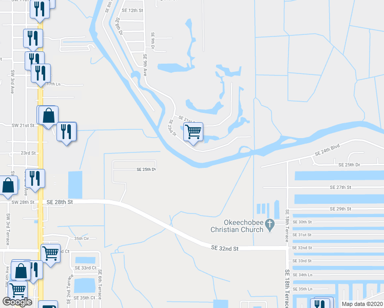 map of restaurants, bars, coffee shops, grocery stores, and more near 1102 Southeast 23rd Street in Okeechobee