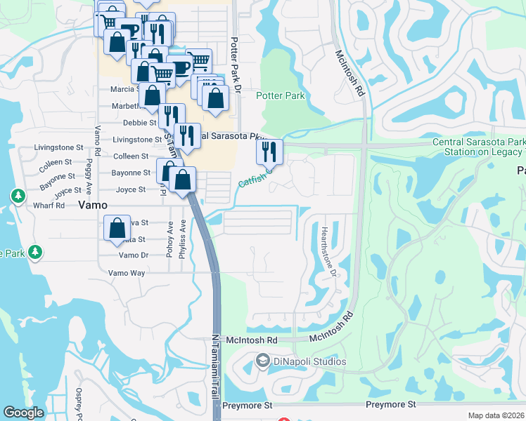 map of restaurants, bars, coffee shops, grocery stores, and more near 2173 Gondola Drive in Sarasota