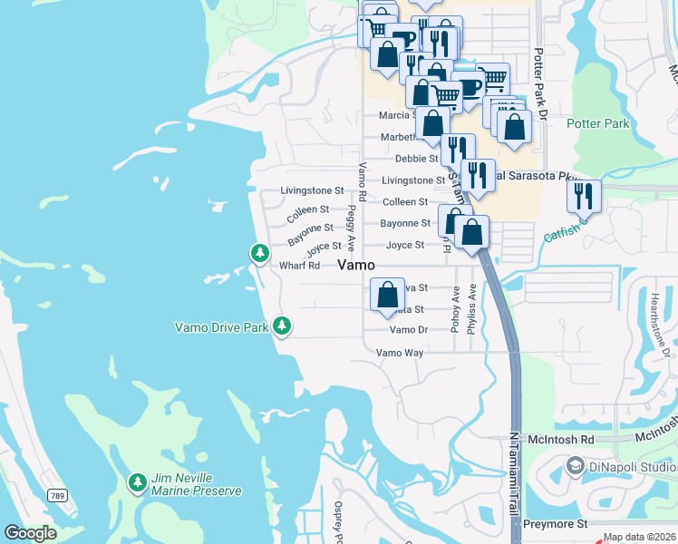 map of restaurants, bars, coffee shops, grocery stores, and more near in Vamo