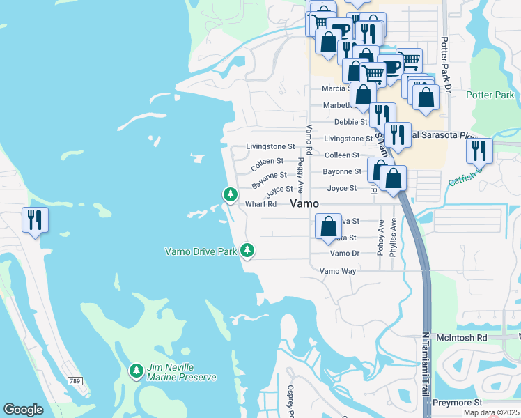 map of restaurants, bars, coffee shops, grocery stores, and more near 1660 Joyce Street in Sarasota