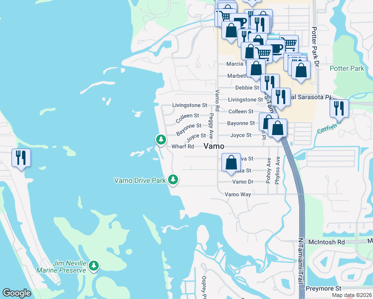 map of restaurants, bars, coffee shops, grocery stores, and more near 1692 Wharf Road in Sarasota