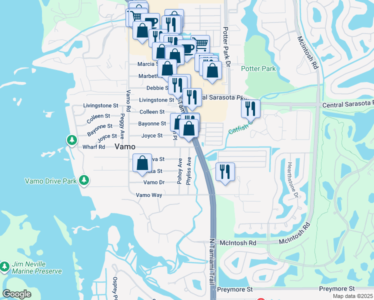 map of restaurants, bars, coffee shops, grocery stores, and more near 8808 Phyliss Avenue in Sarasota