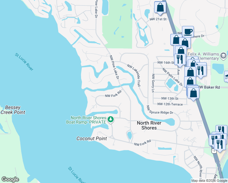 map of restaurants, bars, coffee shops, grocery stores, and more near 2416 Northwest Fork Road in Stuart