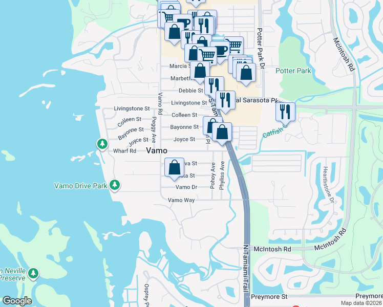 map of restaurants, bars, coffee shops, grocery stores, and more near 1851 Wharf Road in Sarasota